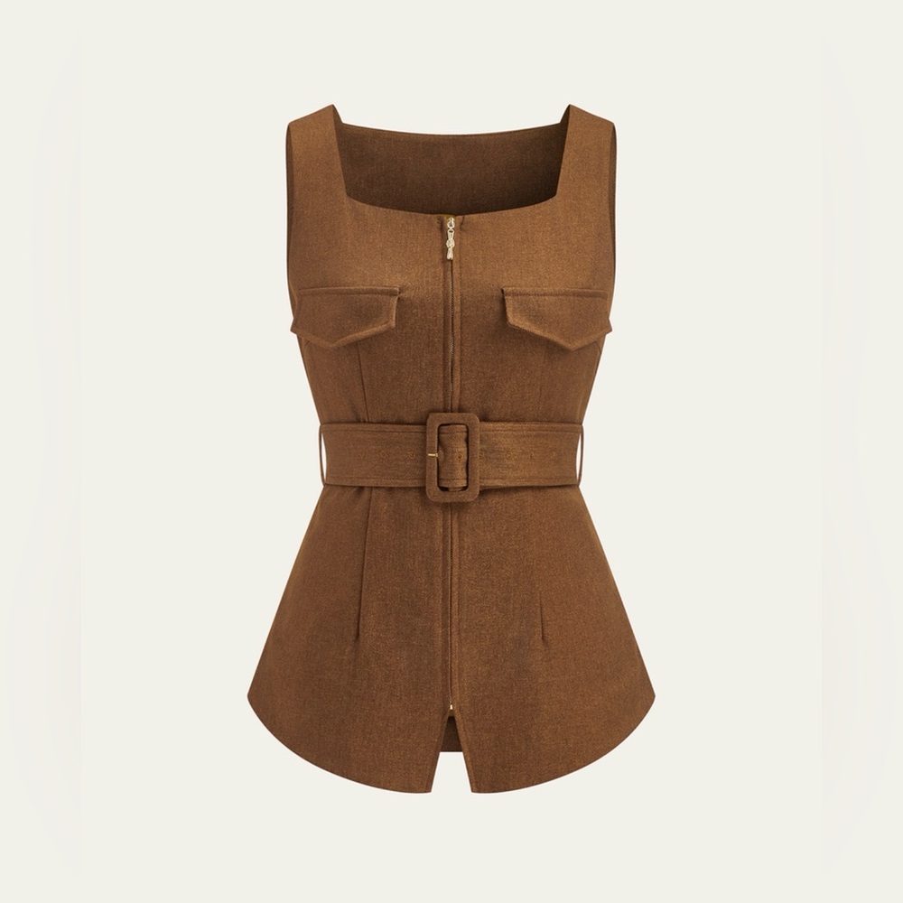 COMMENSE Brown Sleeveless Belted Top - Size Large